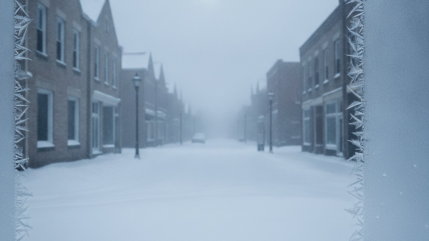 A frosted window looking out onto a snow covered street of low brick buildings with ice crystals on the glass