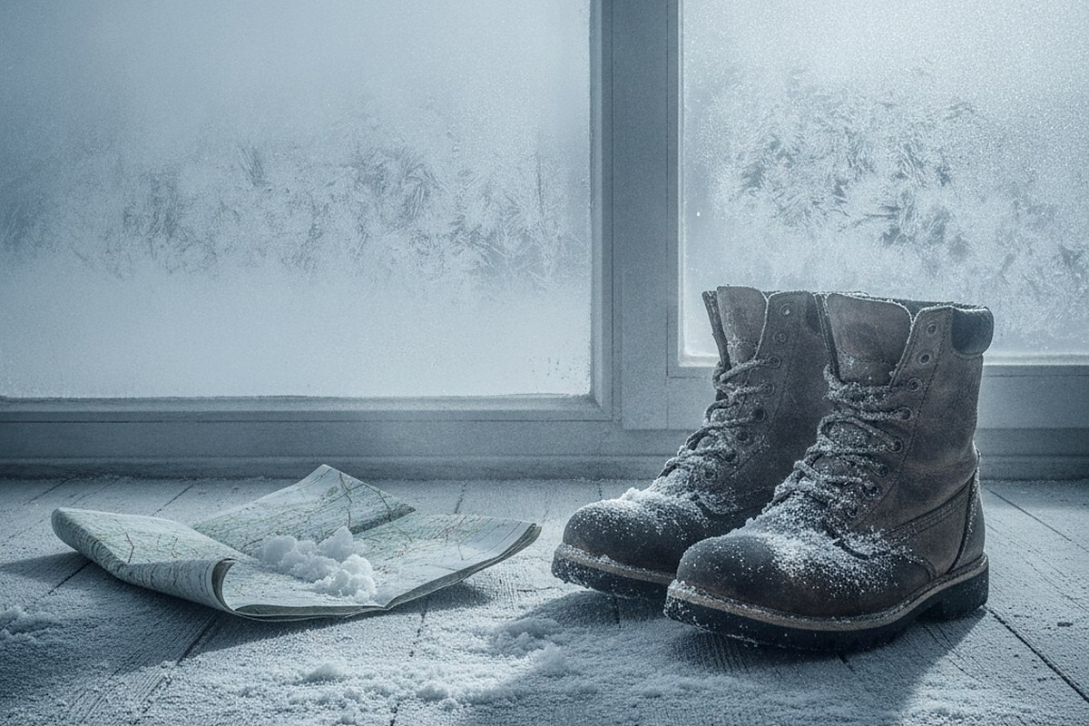 A pair of worn winter boots and a folded map on a wooden floor beside a frosted window