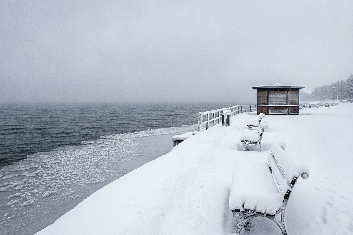 An empty lakeside promenade in winter with benches under snow and a closed shuttered kiosk