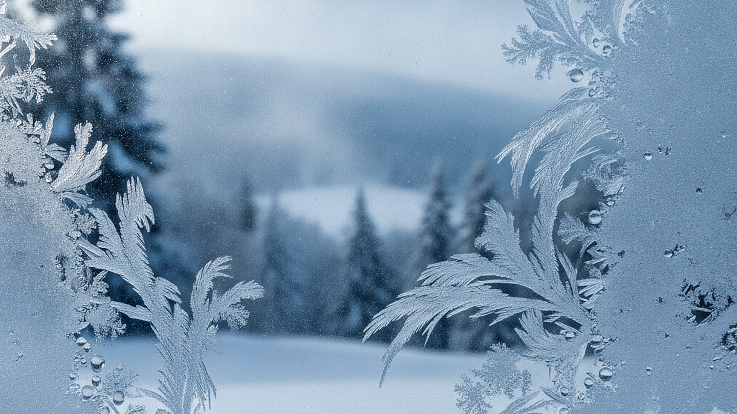 Frost and condensation patterns on cold glass with a blurred snowy landscape beyond
