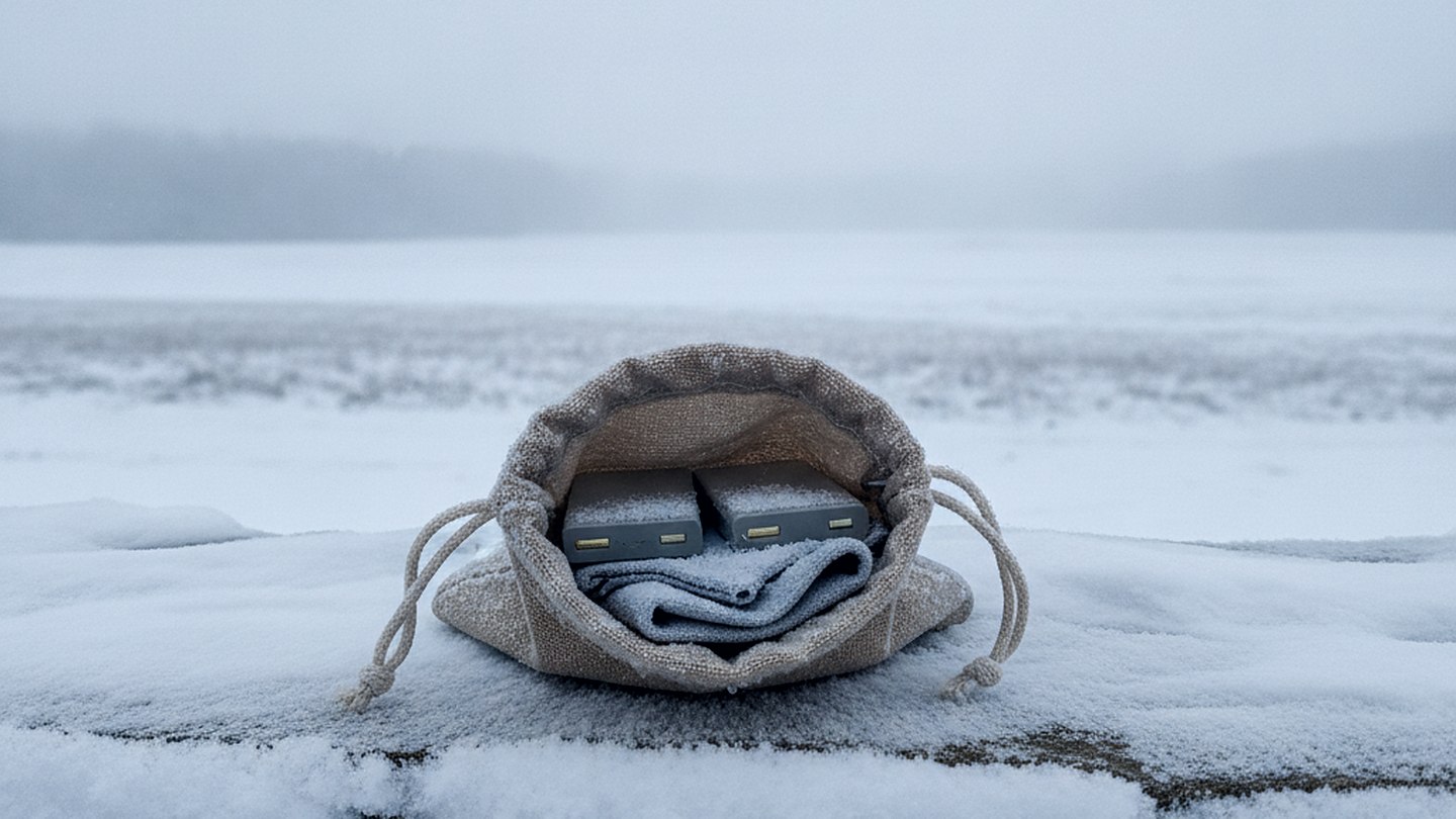 A small canvas bag open on a snowy wall showing spare batteries and a cloth in cold flat light