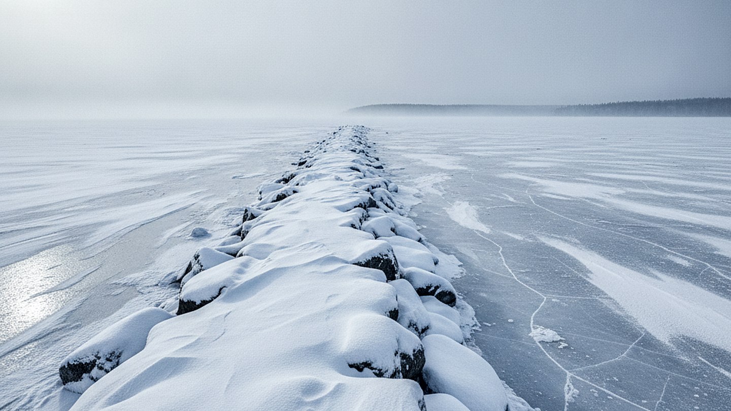 A snow covered breakwater running out into a frozen lake with wind blown snow streaking across the ice