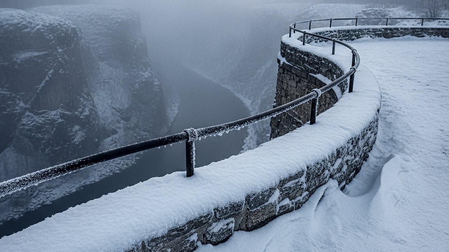 A frozen stone and steel viewing terrace above a river gorge with snow drifted against the wall