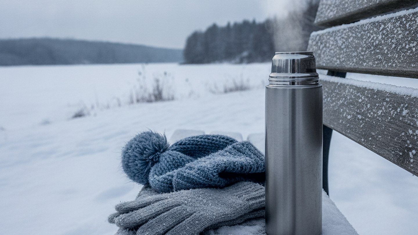 Heavy winter gloves, a wool hat and a thermos resting on a snow covered wooden bench in flat cold light