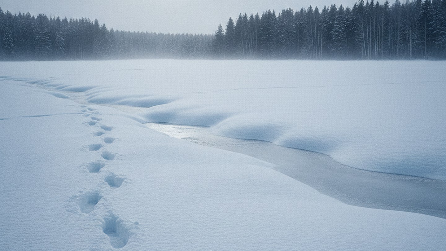 Boot prints crossing a wide field of untouched snow toward a distant treeline