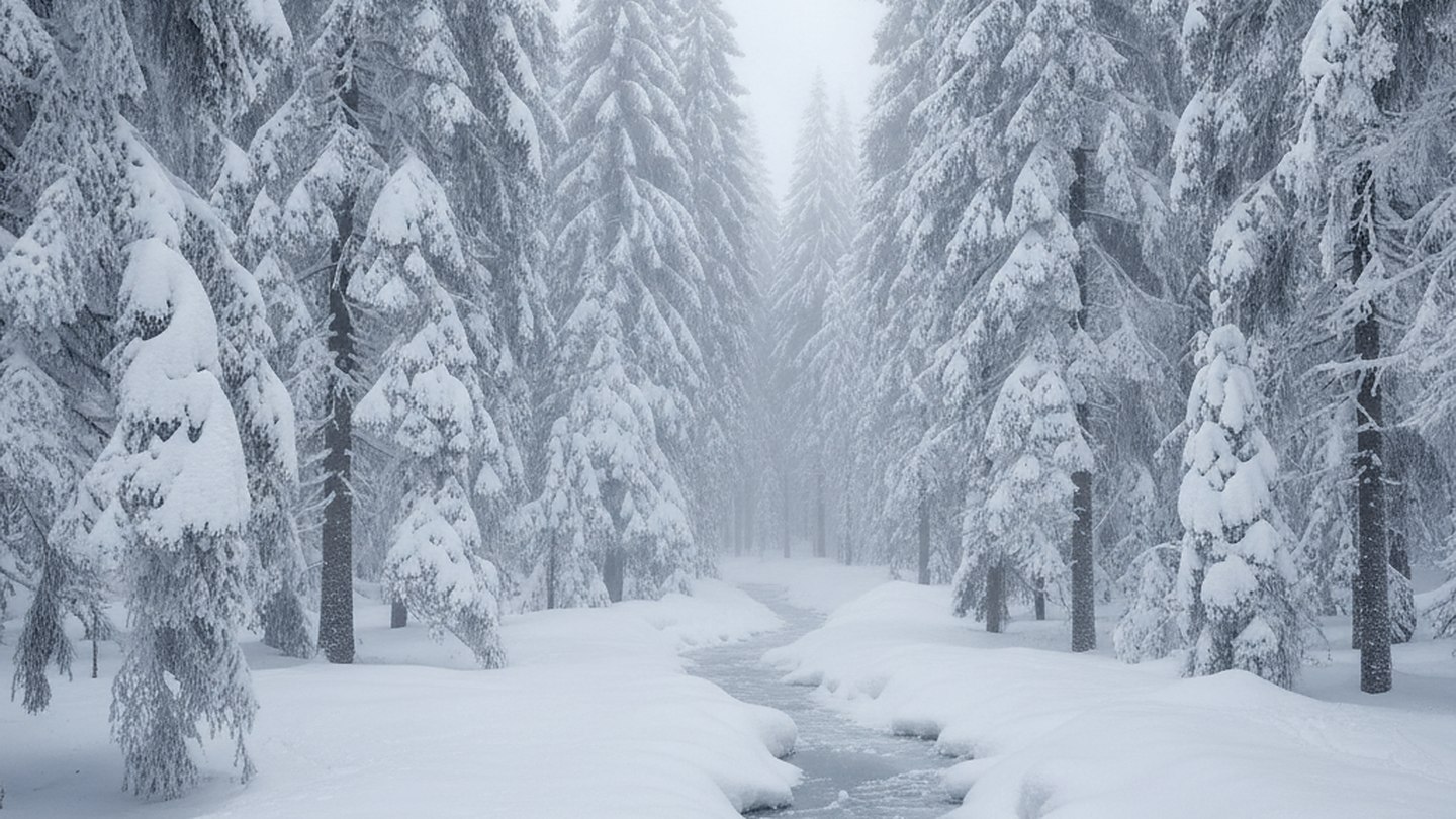 Dense spruce forest loaded with snow with branches bent under the weight and a narrow track between the trees