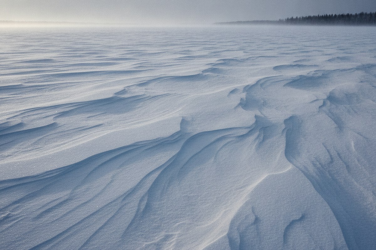Wind carved snow drifts on an open field with low sun raking across the ridges