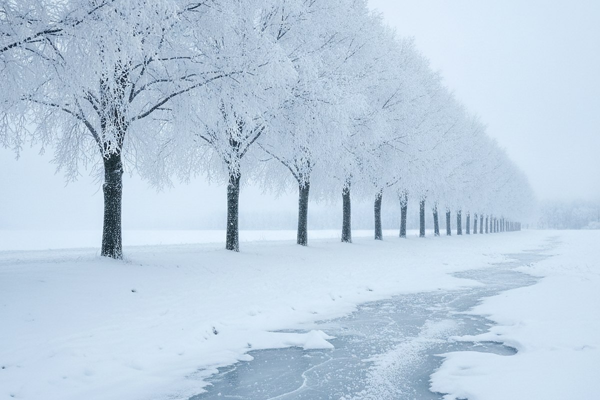 A line of bare trees in heavy hoarfrost against a white sky