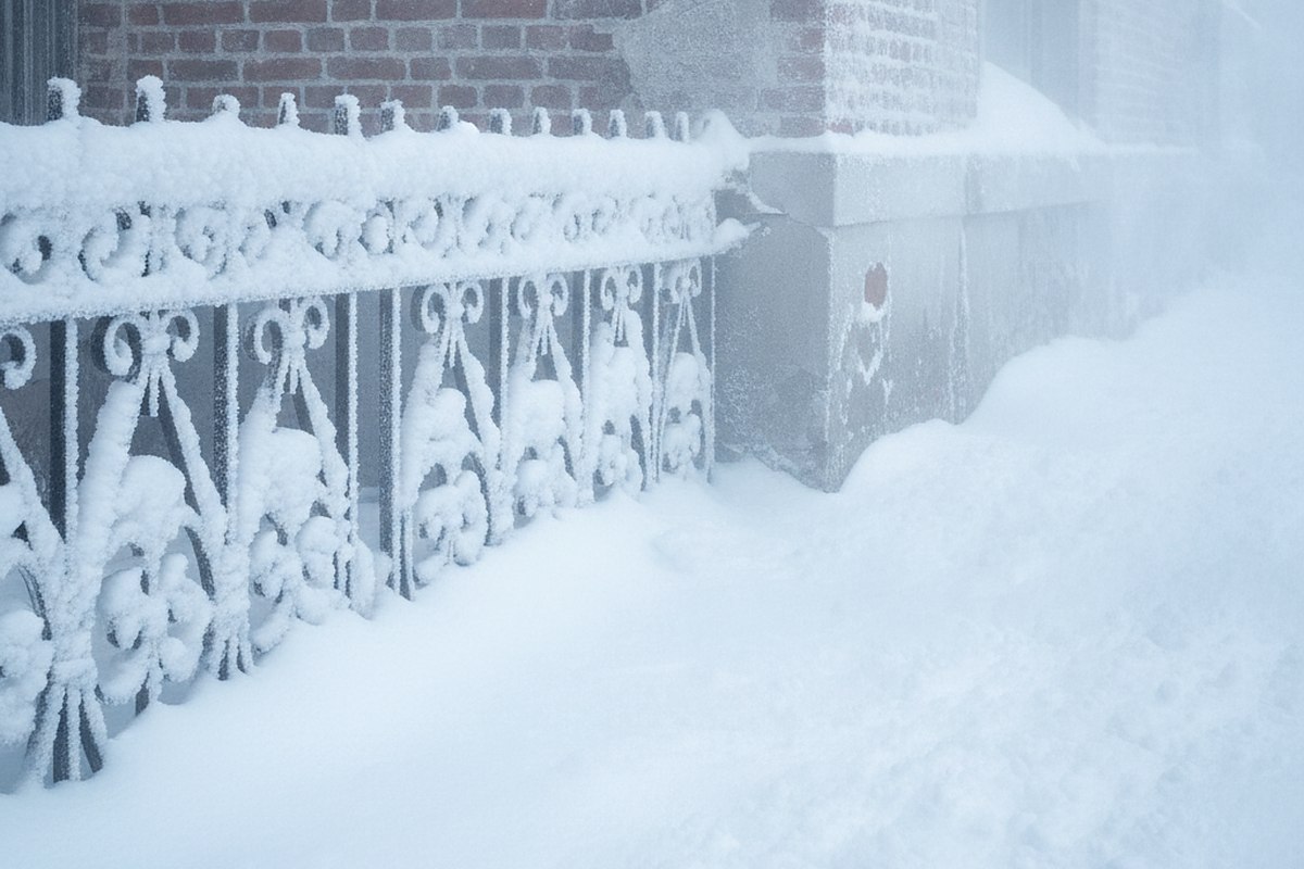 Snow piled on a wrought iron fence in front of an old brick building