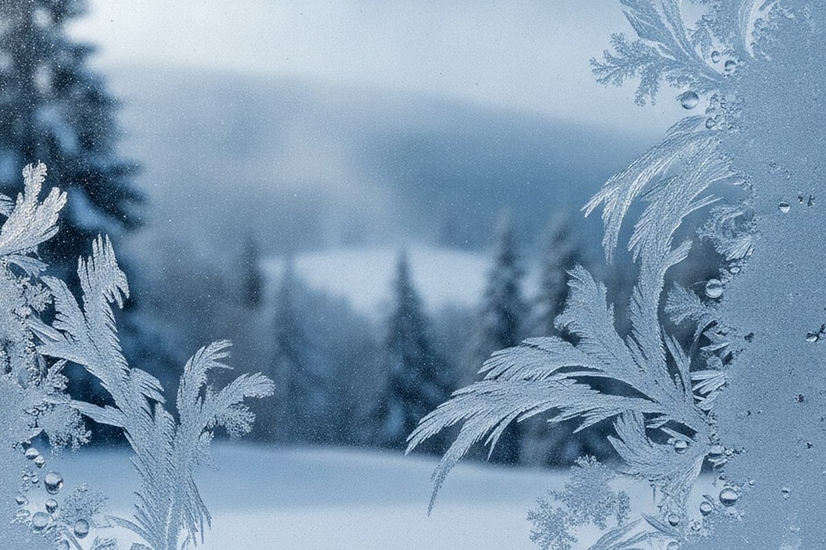 Condensation and frost patterns on cold glass with a blurred snowy landscape beyond