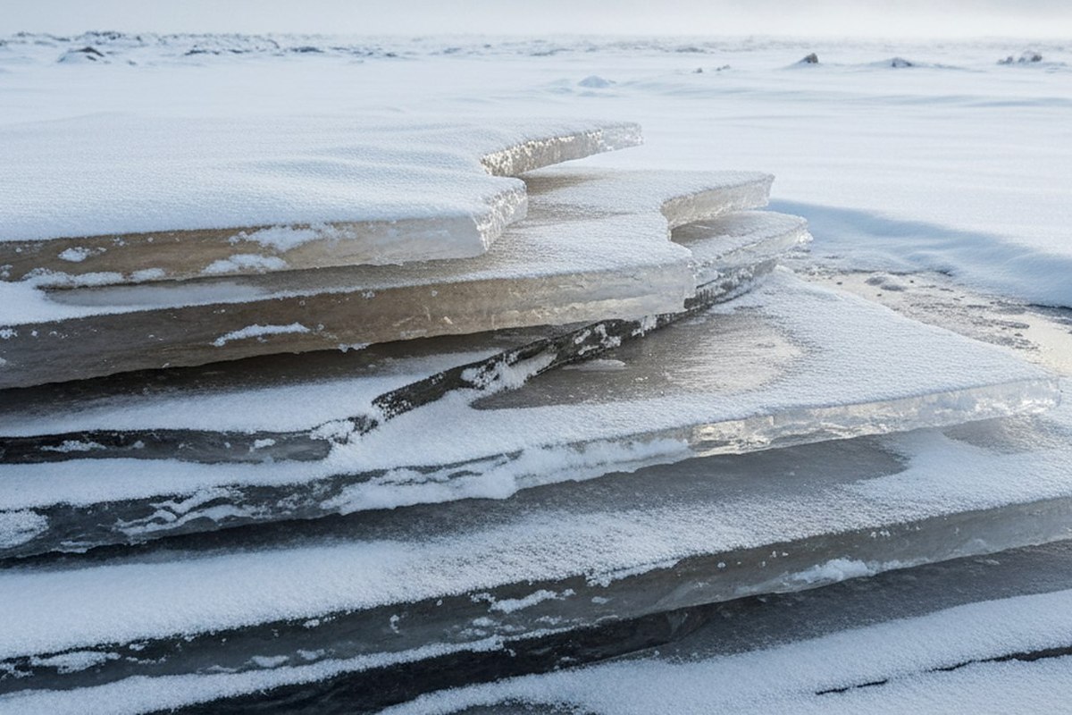 Stacked plates of lake ice with sharp edges and meltwater running between them