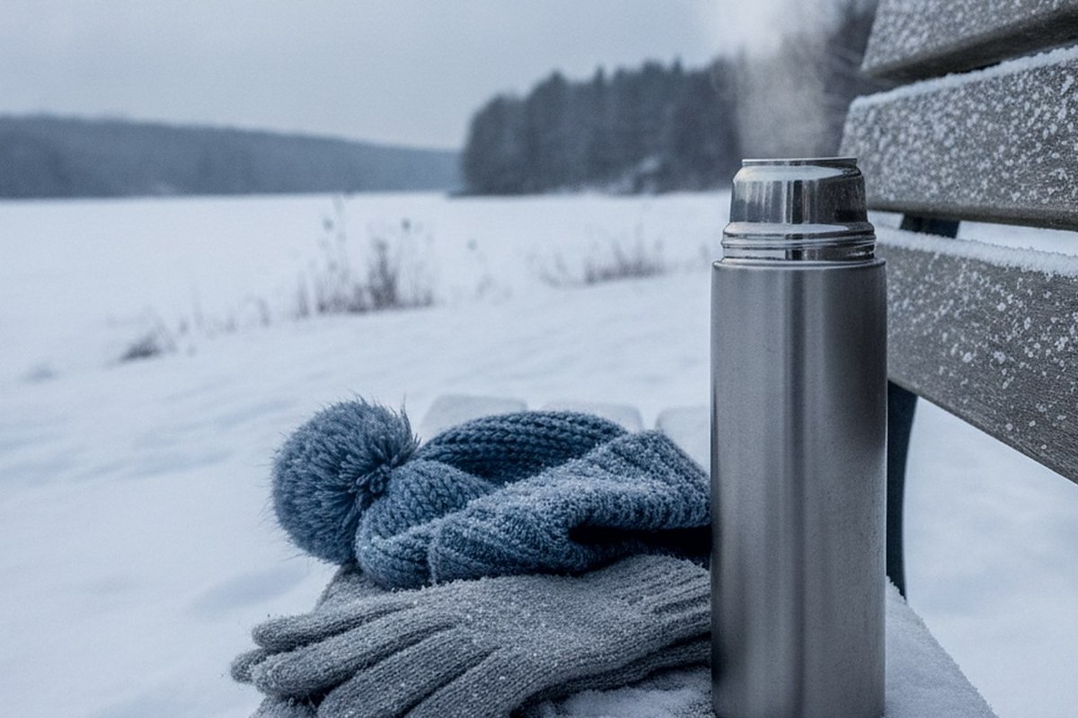 Heavy winter gloves, a wool hat and a thermos on a snow covered wooden bench