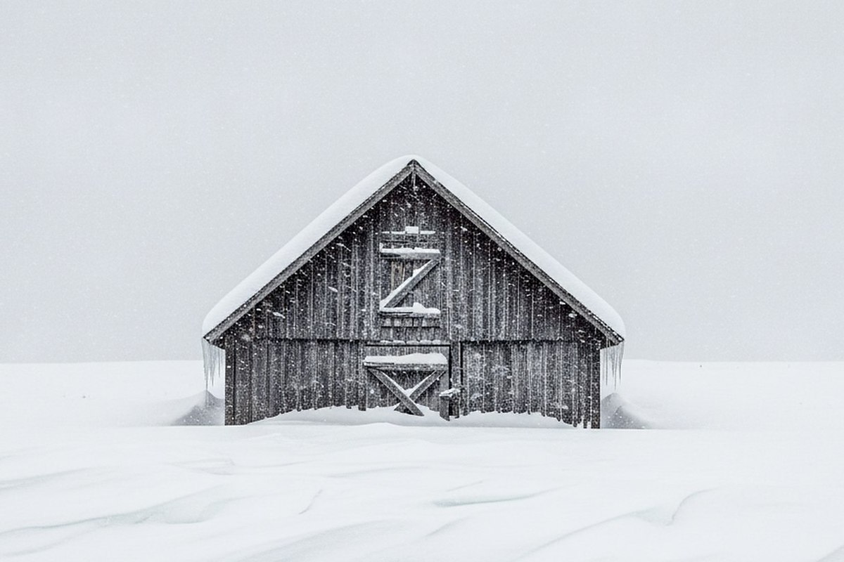 A wooden barn almost buried in deep snow with only the roof line and one door showing