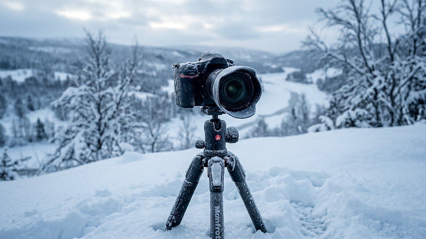 A camera on a tripod covered in fresh snowflakes with frost on the lens hood and a blurred winter landscape behind